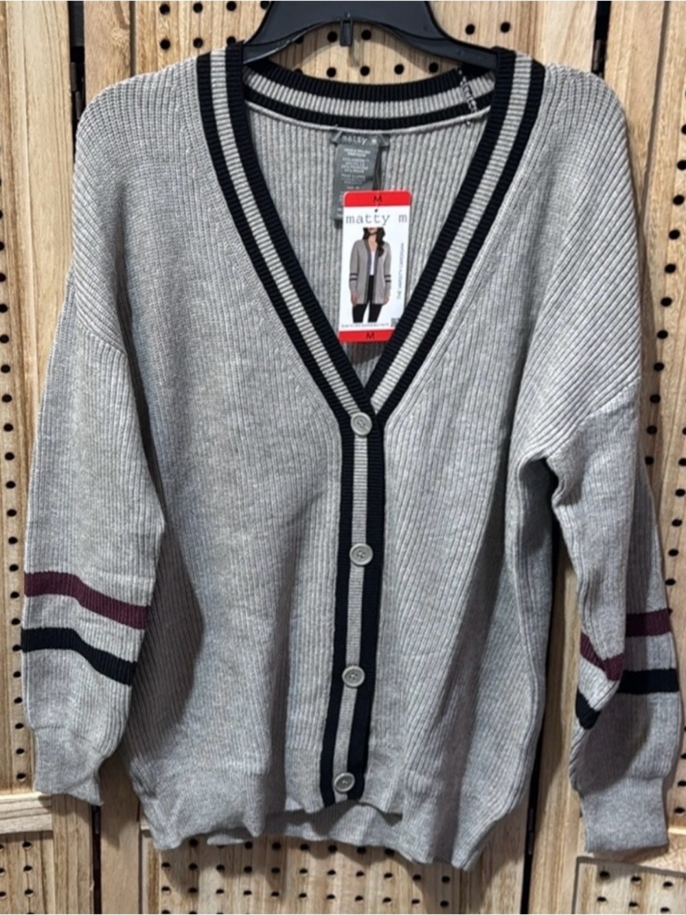 Matty M Gray Cardigan with Black and Burgundy Stripes